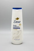 Dove deep moisture body wash bottle on a wooden surface with a blurred background