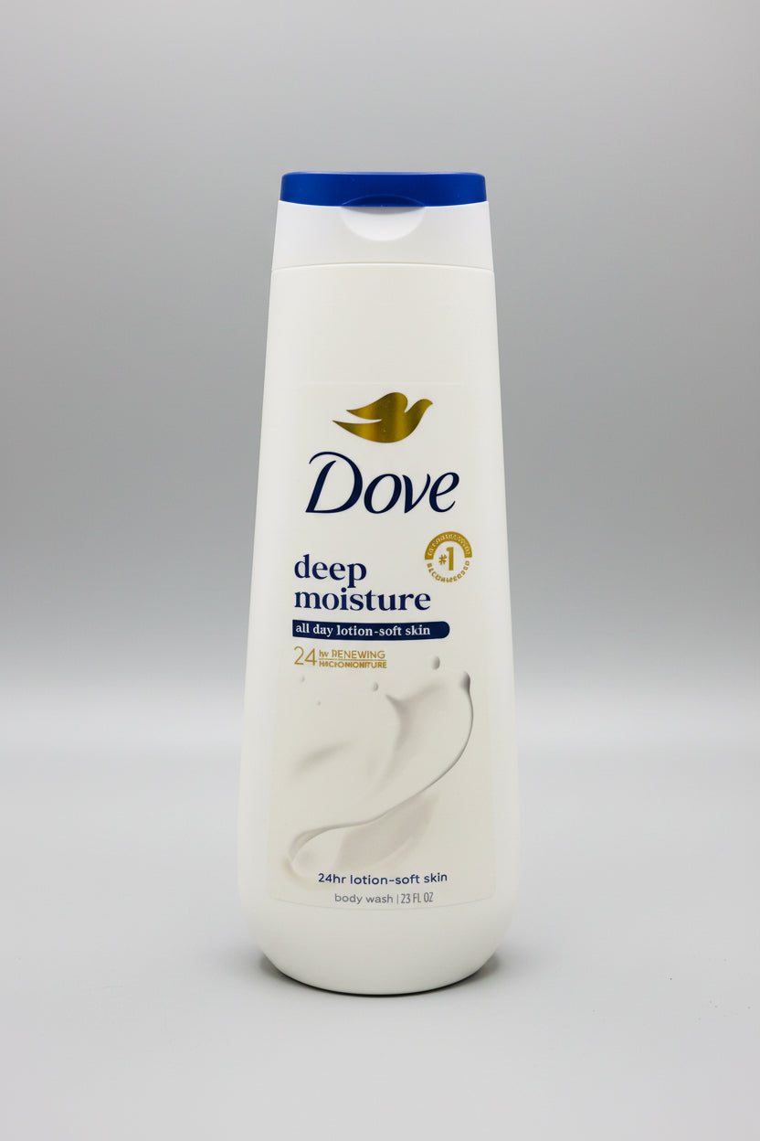 Dove deep moisture body wash bottle on a wooden surface with a blurred background