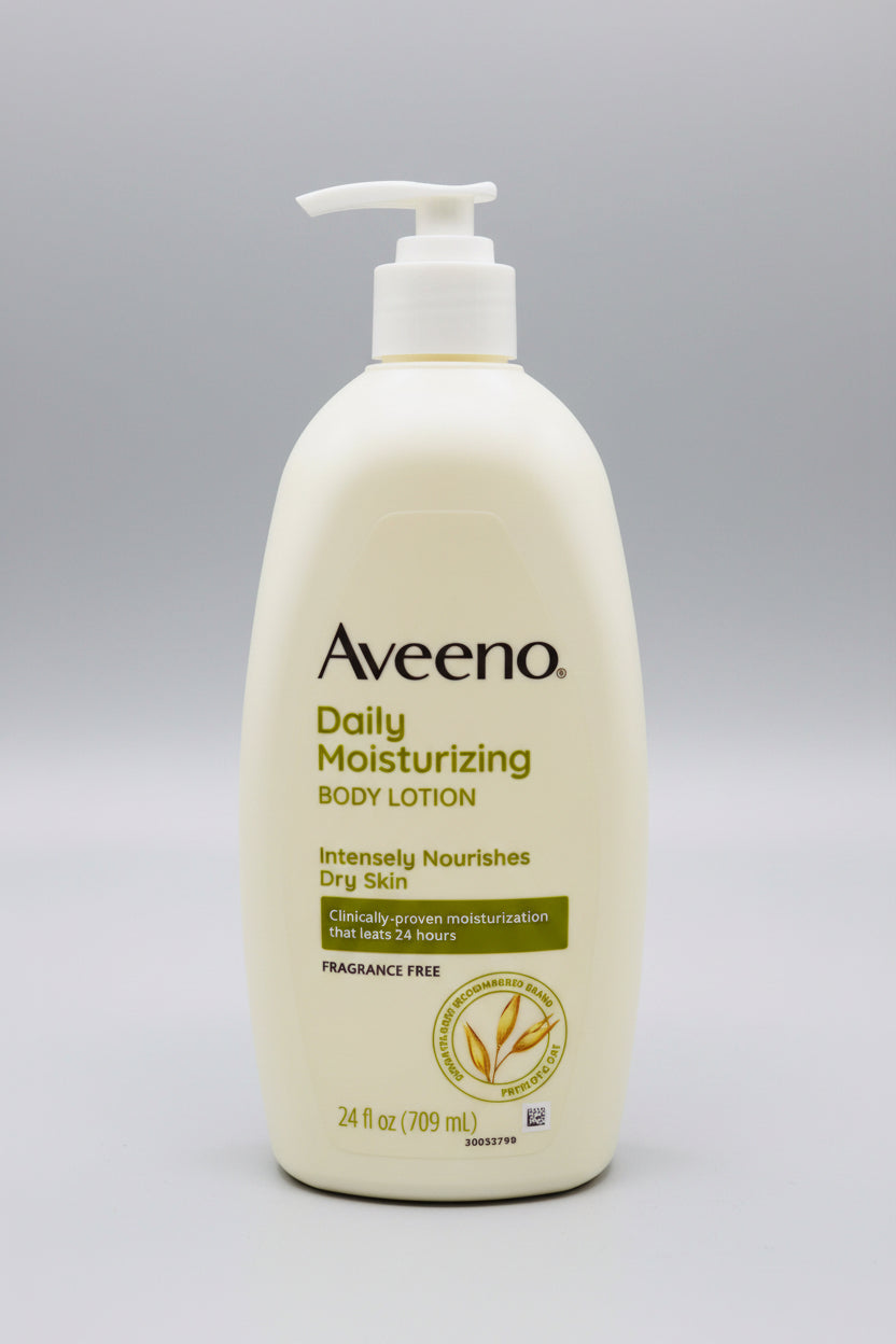 Aveeno Daily Moisturizing Body Lotion bottle on a wooden surface with a blurred background