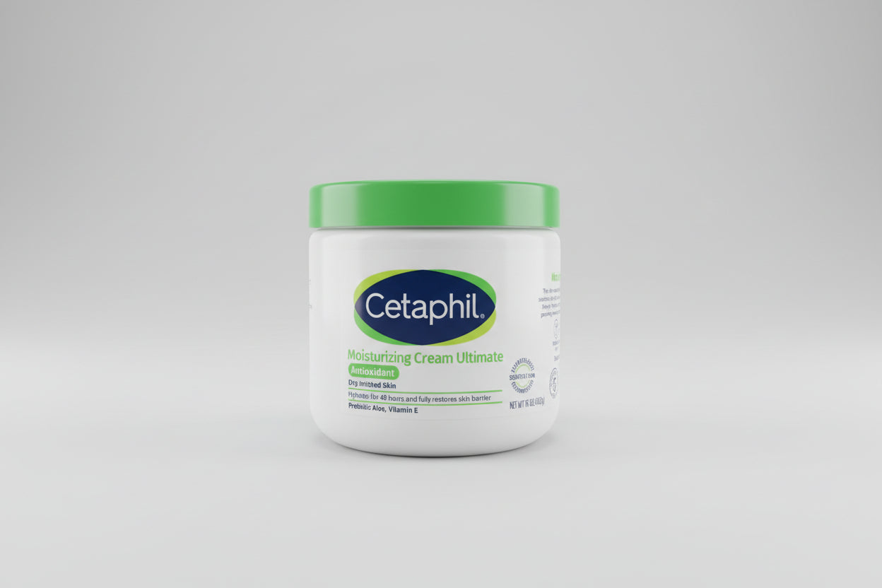 Cetaphil moisturizing cream jar on a wooden surface with a blue wall in the background