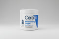 CeraVe moisturizing cream jar on a wooden table with a blue wall background
