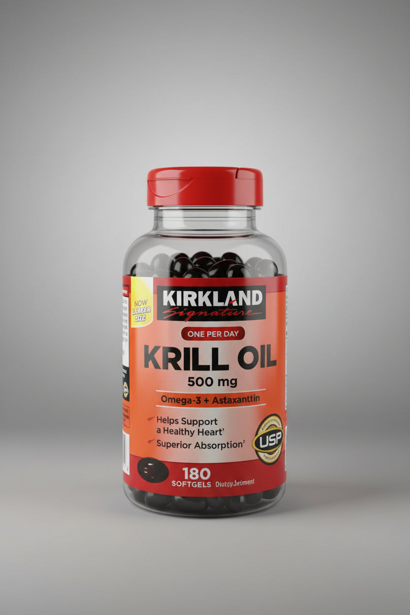 Kirkland Signature Krill Oil bottle on a wooden surface with a blurred background