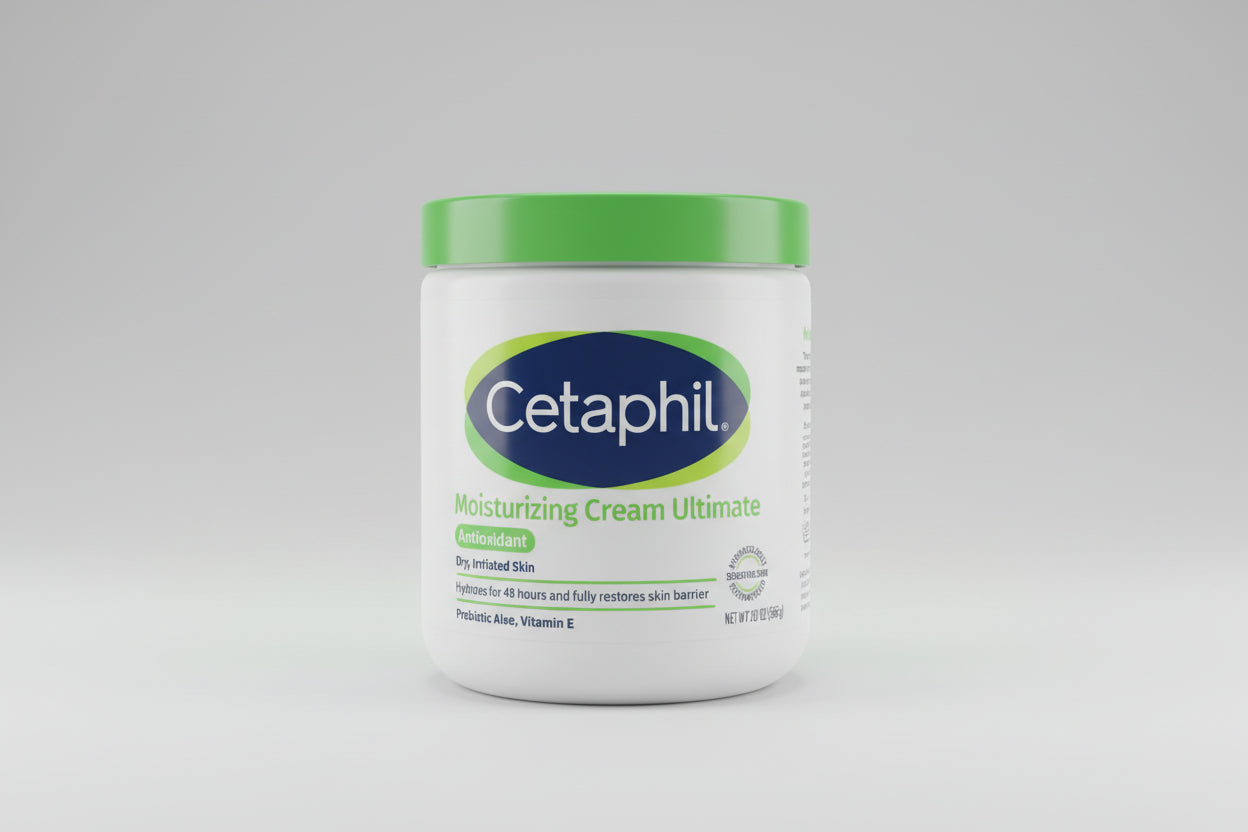 Cetaphil moisturizing cream container on a wooden surface with a blue wall background